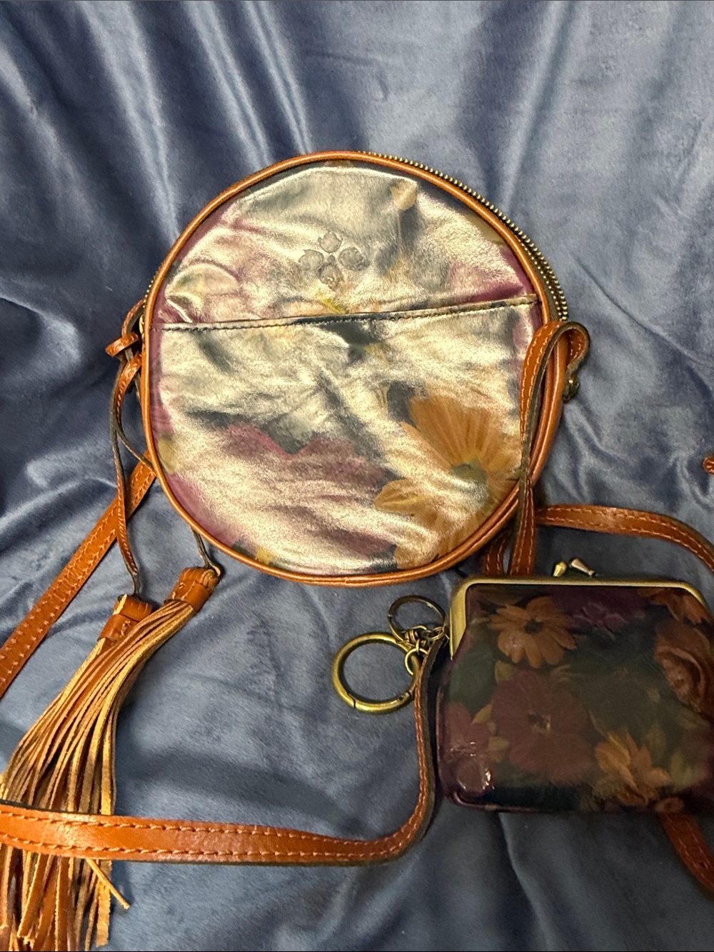 Round Floral Crossbody Bag in Metallic Floral with Brown Trim